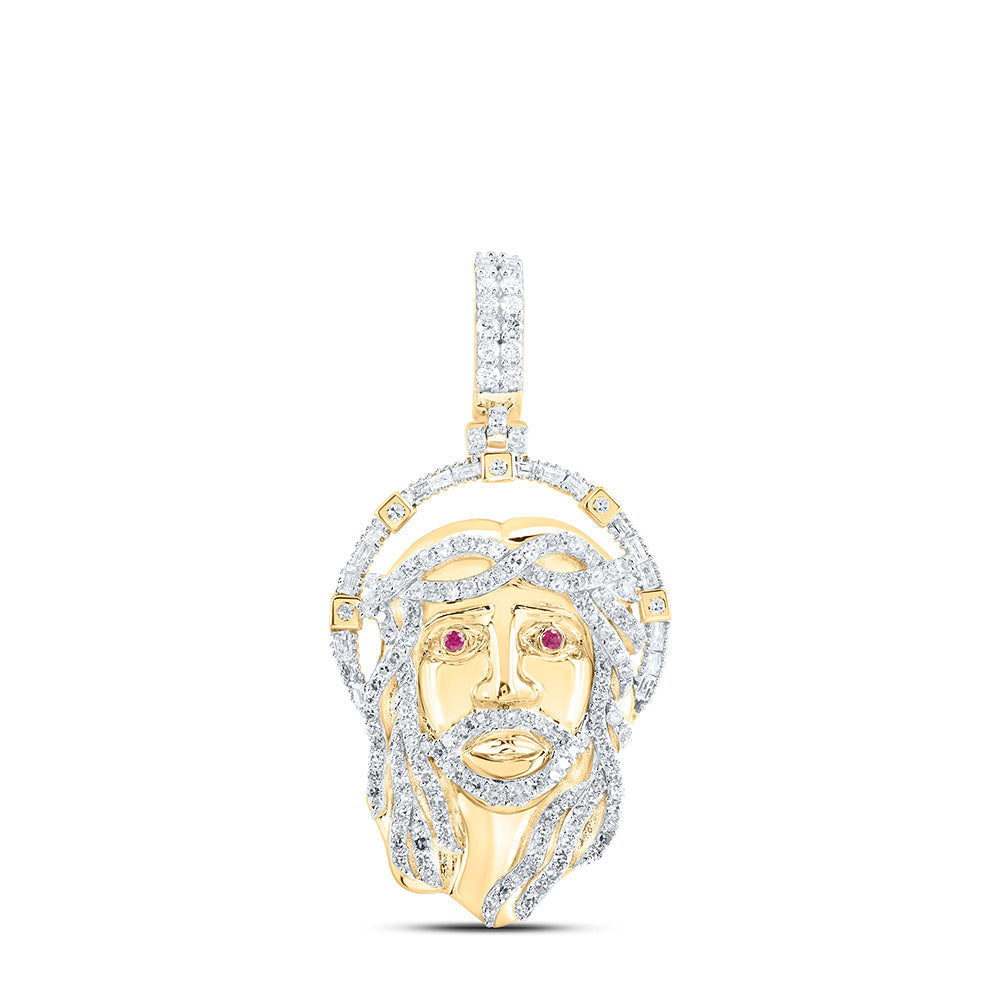 10kt Yellow Gold Mens Round Diamond Ruby Jesus Face Charm Pendant 1 Cttw