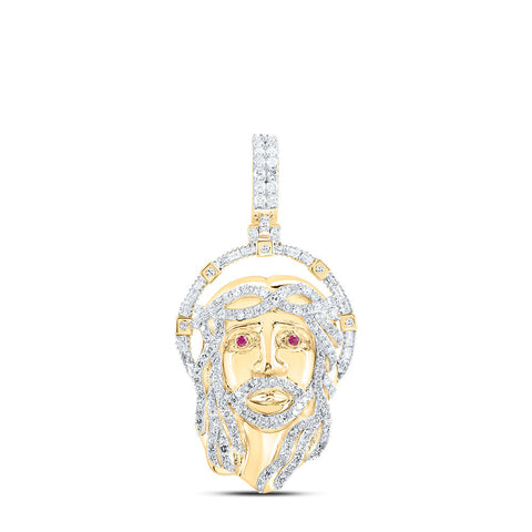 10kt Yellow Gold Mens Round Diamond Ruby Jesus Face Charm Pendant 1 Cttw