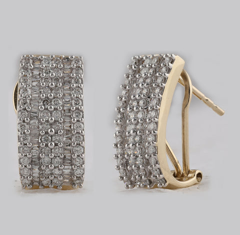 14kt Yellow Gold Womens Round Baguette Diamond Vertical Stripe Hoop Earrings 7/8 Cttw