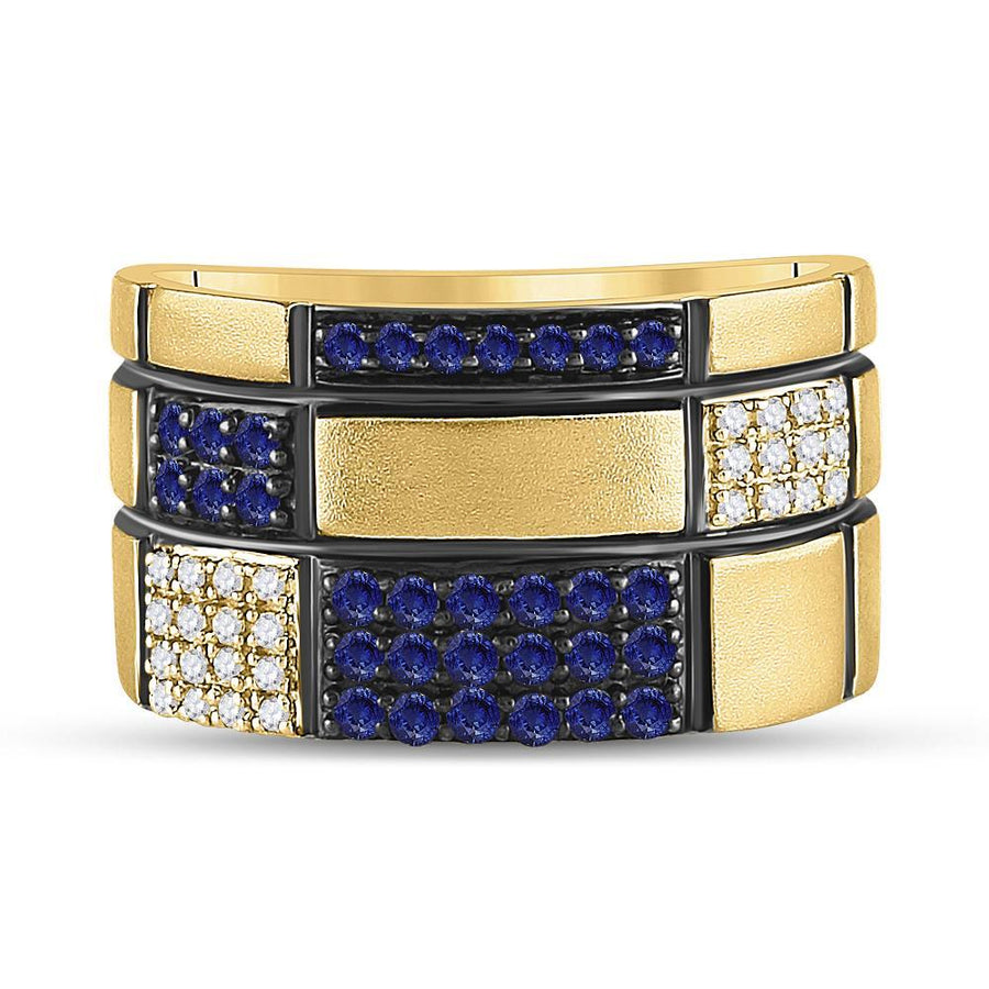 14kt Yellow Gold Mens Round Blue Sapphire Checkered Band Ring 5/8 Cttw