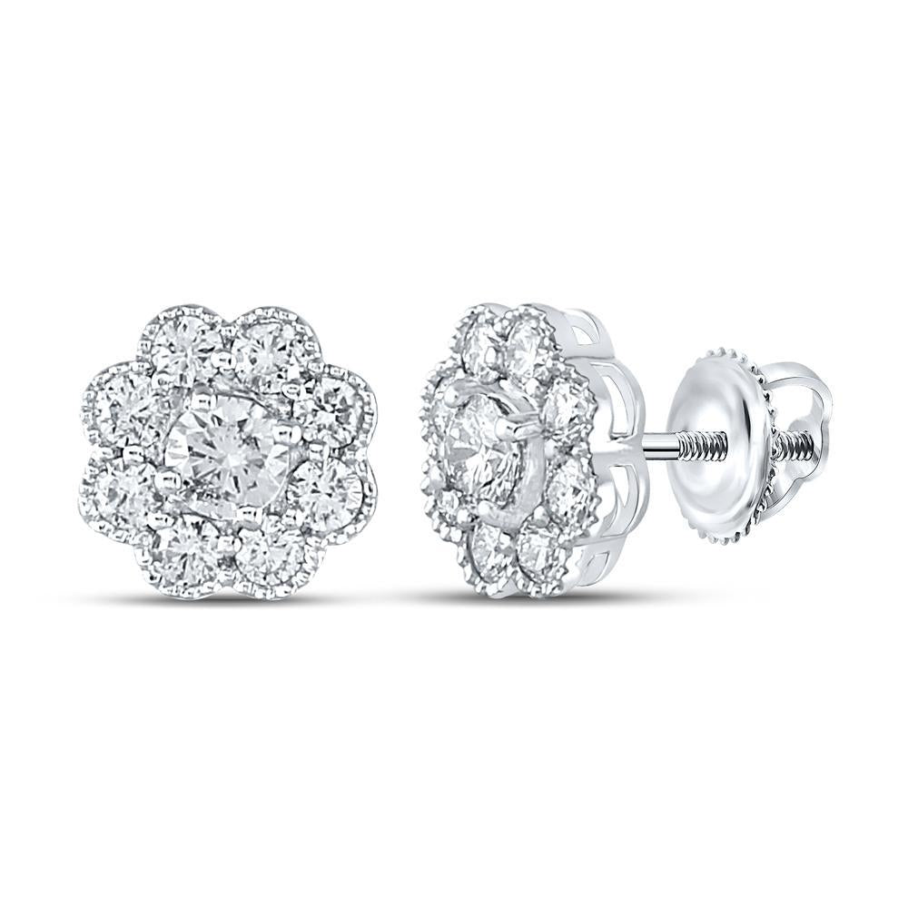 14kt White Gold Womens Round Diamond Flower Cluster Stud Earrings 1 Cttw