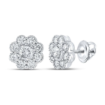 14kt White Gold Womens Round Diamond Flower Cluster Stud Earrings 1 Cttw