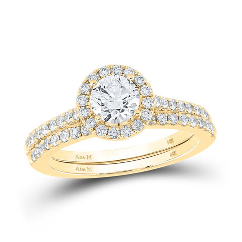 14kt Yellow Gold Round Diamond Halo Bridal Wedding Ring Band Set 1-1/4 Cttw