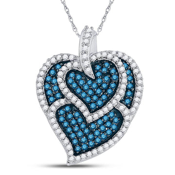 10kt White Gold Womens Round Blue Color Enhanced Diamond Tripled Heart Outline Pendant 1 Cttw