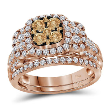 14kt Rose Gold Womens Round Brown Diamond Cluster Bridal Wedding Ring Band Set 1 Cttw