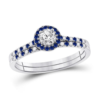 14kt White Gold Womens Diamond Blue Sapphire Bridal Wedding Ring Band Set 1/2 Cttw