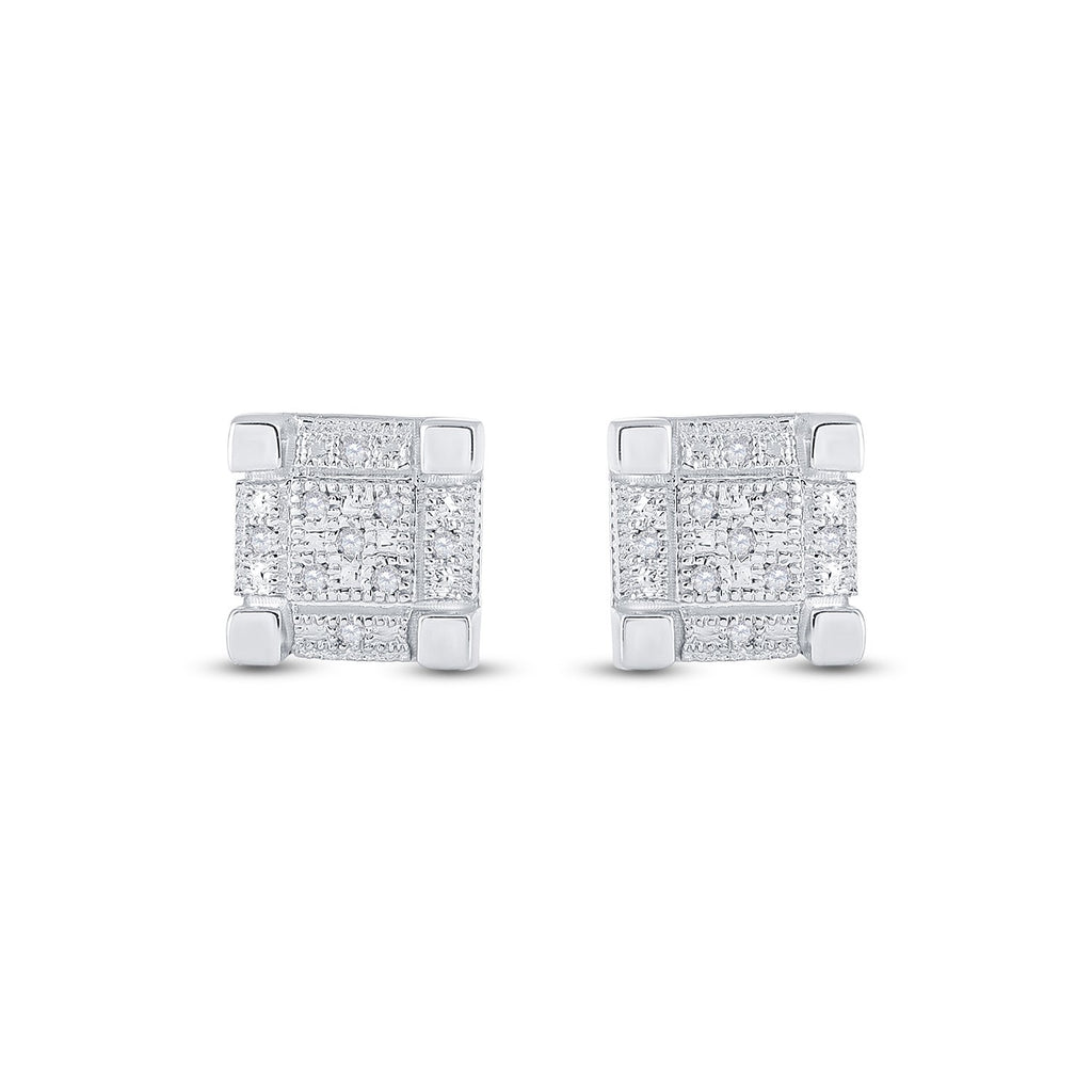 Sterling Silver Round Diamond 3D Cube Square Earrings 1/20 Cttw