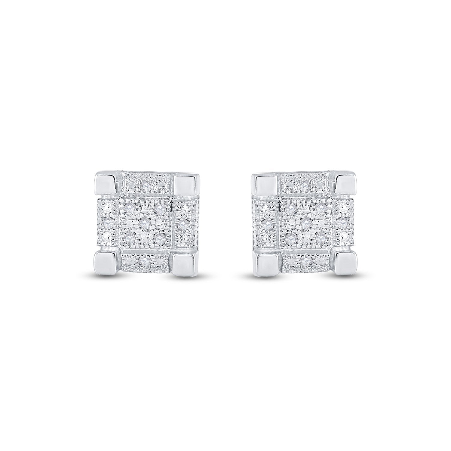 Sterling Silver Round Diamond 3D Cube Square Earrings 1/20 Cttw