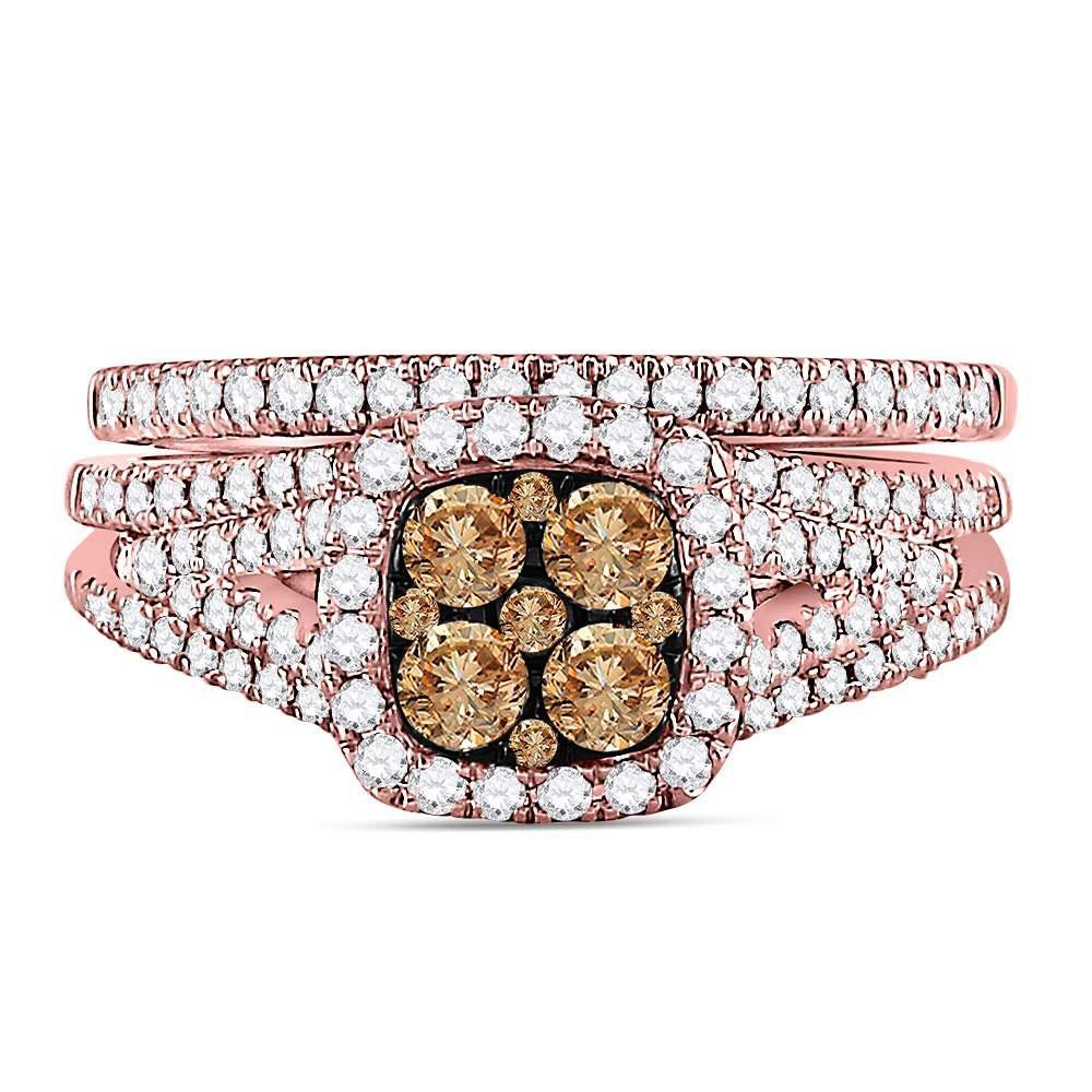 14kt Rose Gold Womens Round Brown Diamond Bridal Wedding Ring Band Set 1 Cttw