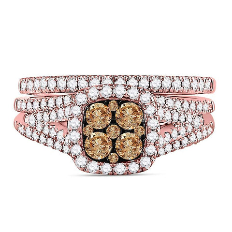 14kt Rose Gold Womens Round Brown Diamond Bridal Wedding Ring Band Set 1 Cttw