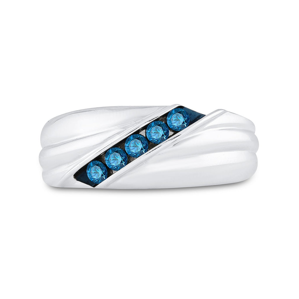 Sterling Silver Mens Round Blue Color Enhanced Diamond Wedding Anniversary Band Ring 1/3 Cttw