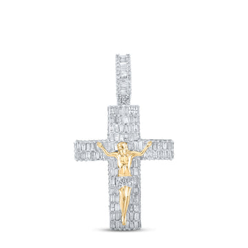 14kt Yellow Gold Mens Baguette Diamond Jesus Cross Crucifix Pendant 3-7/8 Cttw
