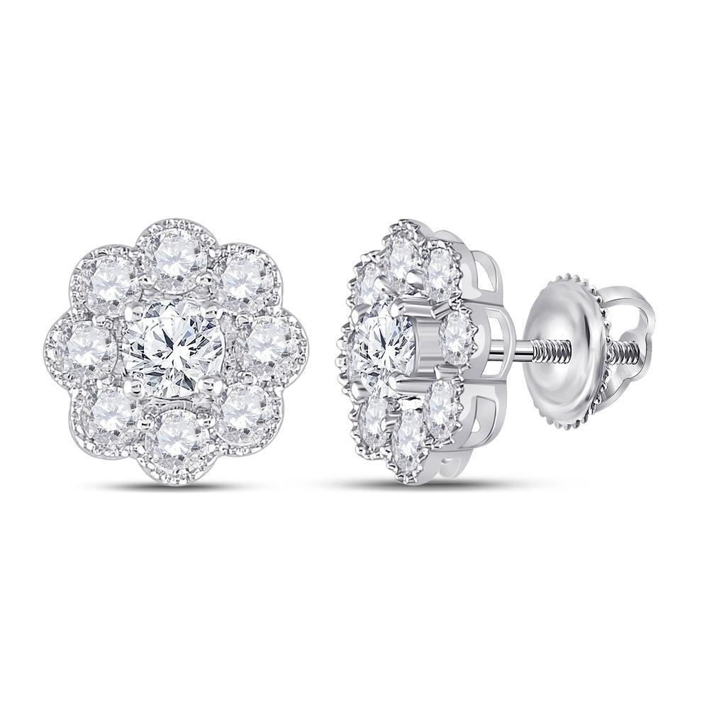 14kt White Gold Womens Round Diamond Flower Cluster Earrings 2 Cttw