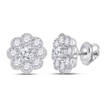 14kt White Gold Womens Round Diamond Flower Cluster Earrings 2 Cttw
