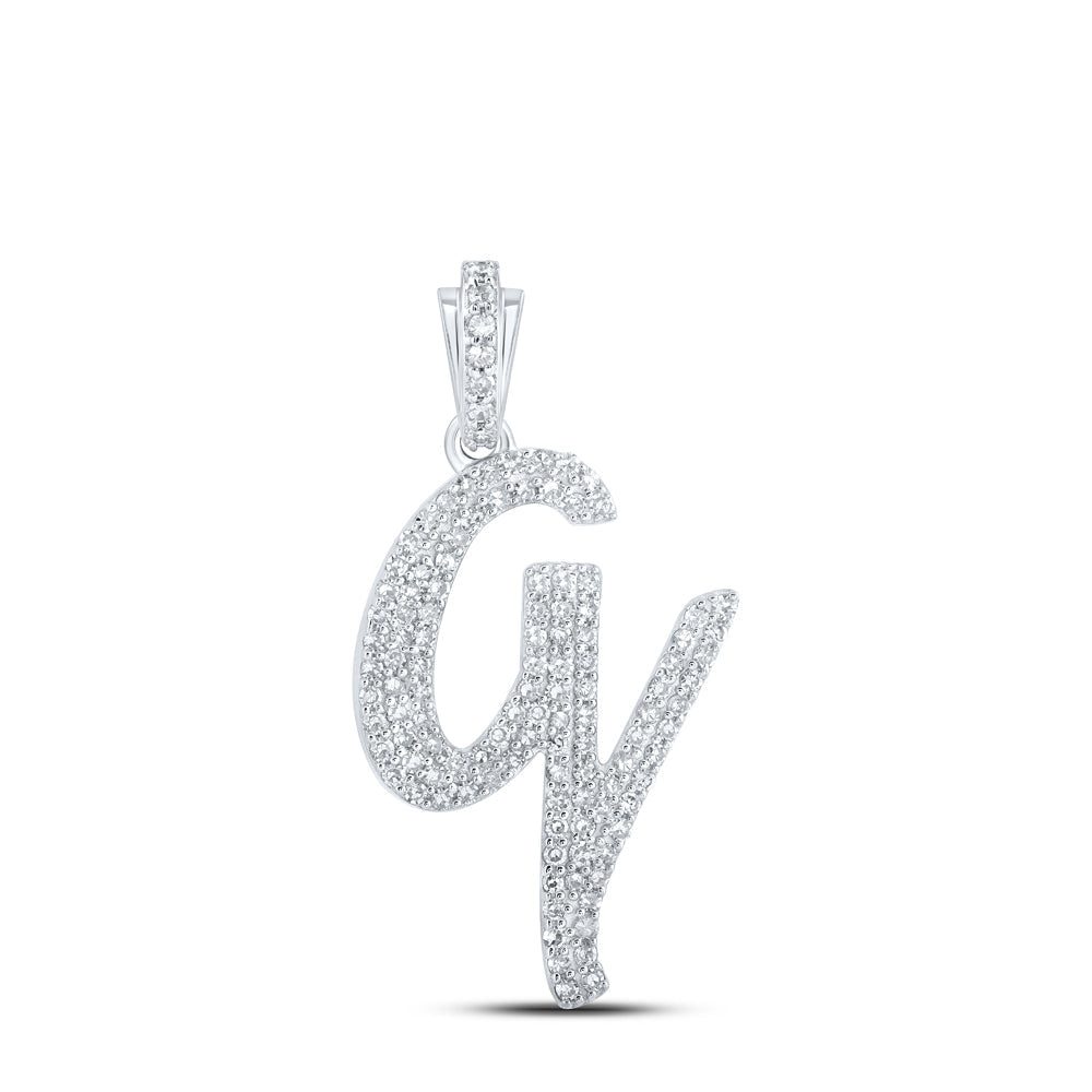 10kt White Gold Womens Round Diamond V Cursive Initial Letter Pendant 1/2 Cttw
