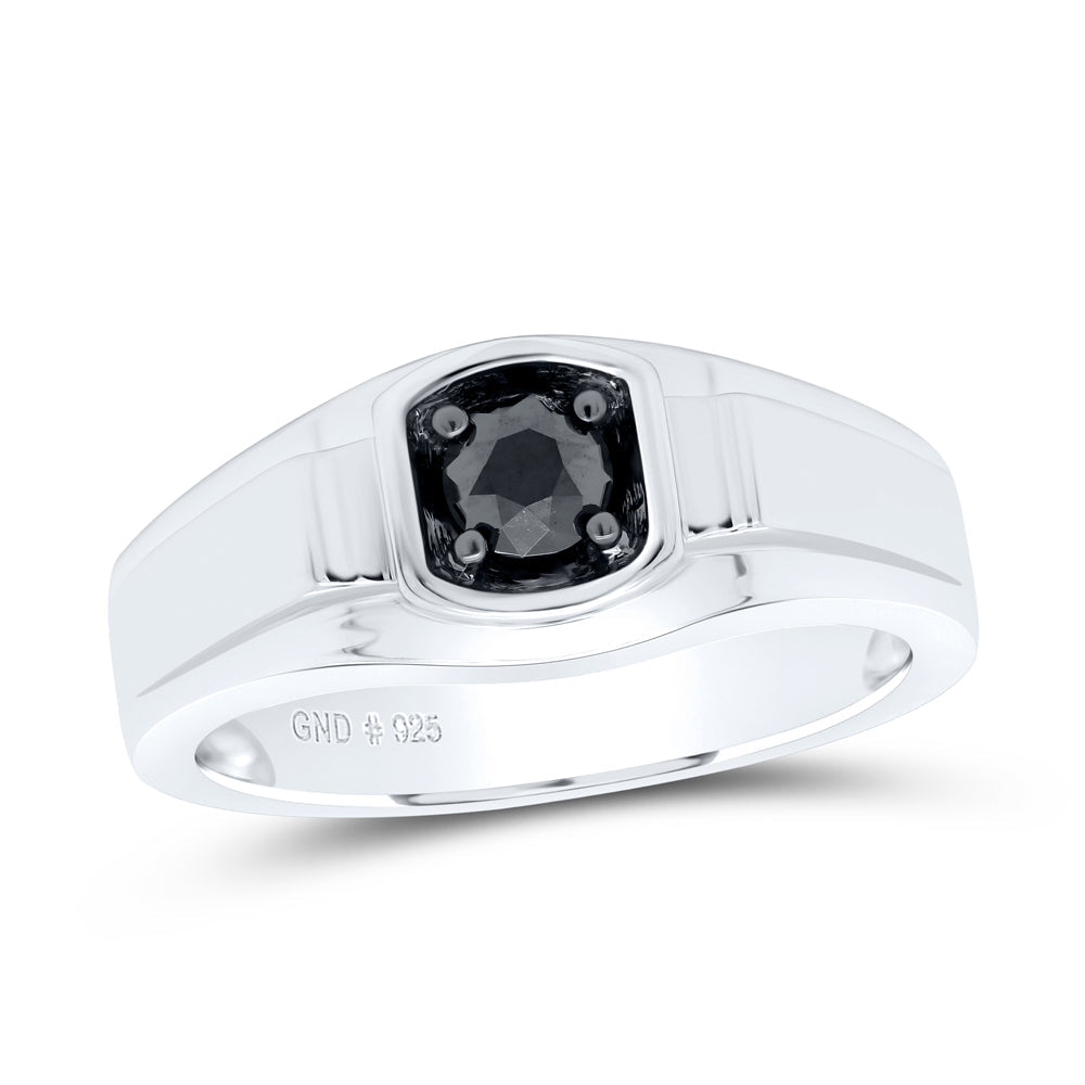 Sterling Silver Mens Round Black Color Enhanced Diamond Solitaire Ring 1/2 Cttw