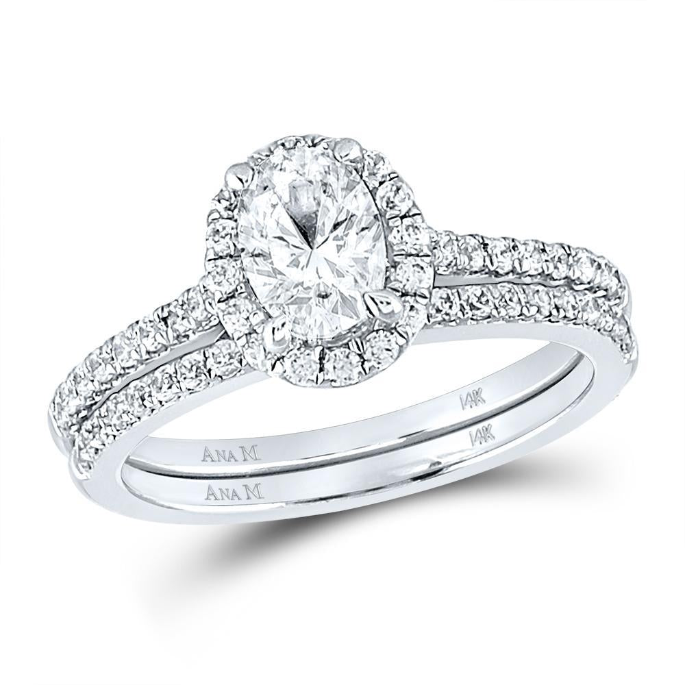 14kt White Gold Oval Diamond Bridal Wedding Ring Band Set 1-1/3 Cttw