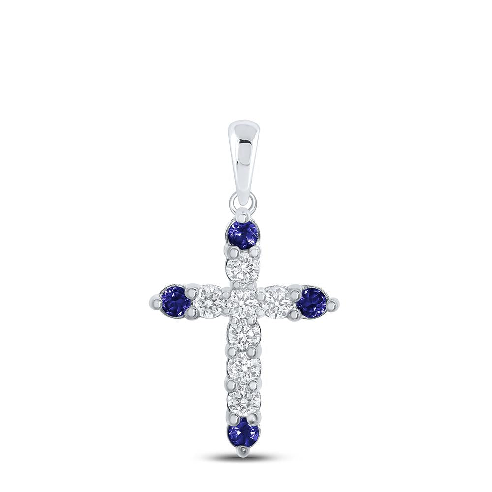 10kt White Gold Womens Round Blue Sapphire Diamond Cross Pendant 1/2 Cttw