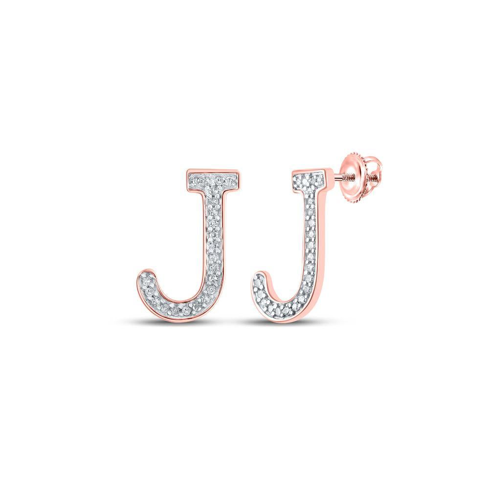 10kt Rose Gold Womens Round Diamond J Initial Cluster Earrings 1/10 Cttw