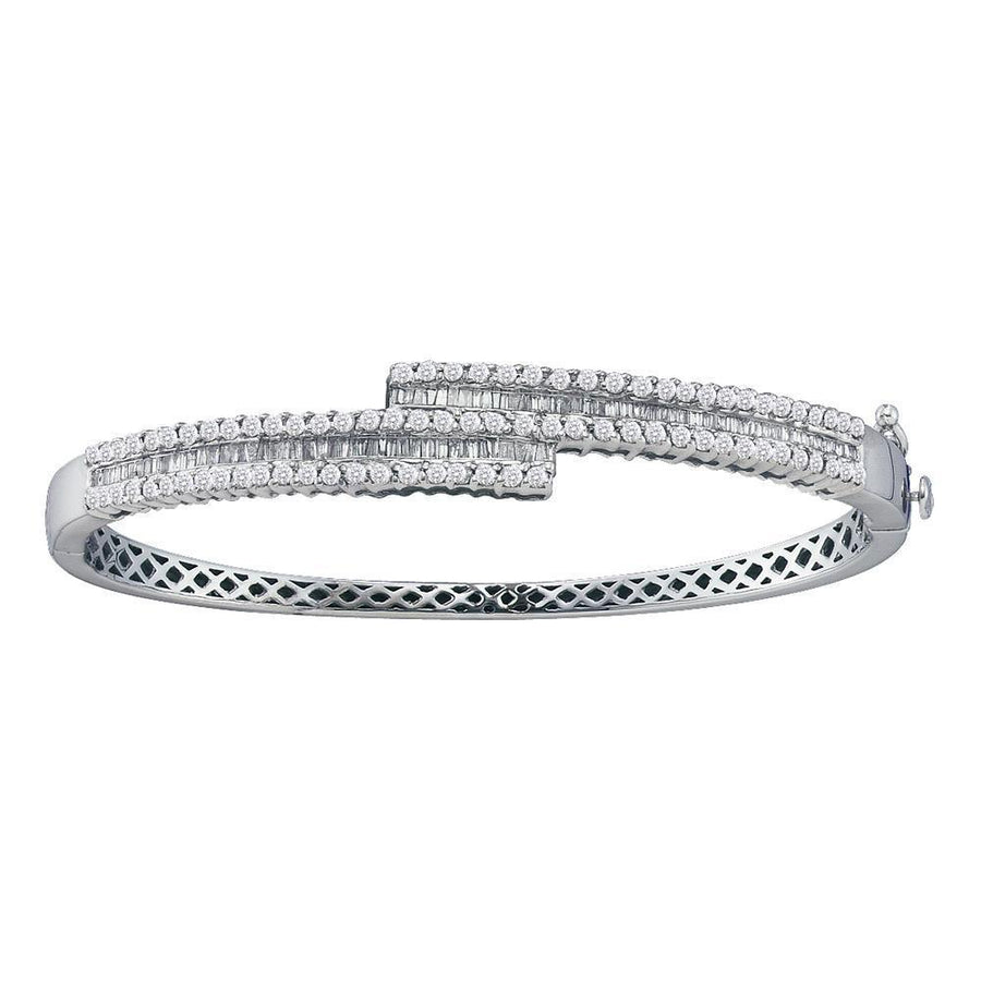 14kt White Gold Womens Baguette Diamond Bypass Bangle Bracelet 1-1/2 Cttw