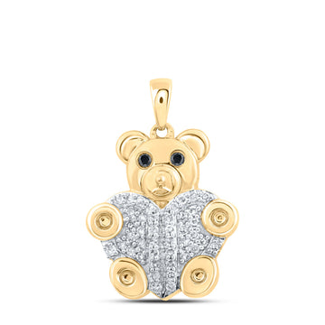 10kt Yellow Gold Womens Round Black Color Treated Diamond Bear Animal Pendant 1/5 Cttw