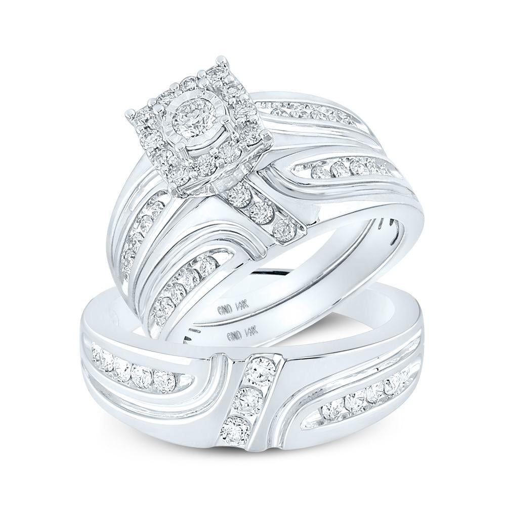 14kt White Gold His Hers Round Diamond Halo Matching Wedding Set 1 Cttw