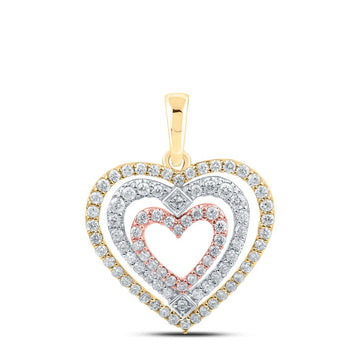 10kt Tri-Tone Gold Womens Round Diamond Nested Heart Pendant 1/2 Cttw