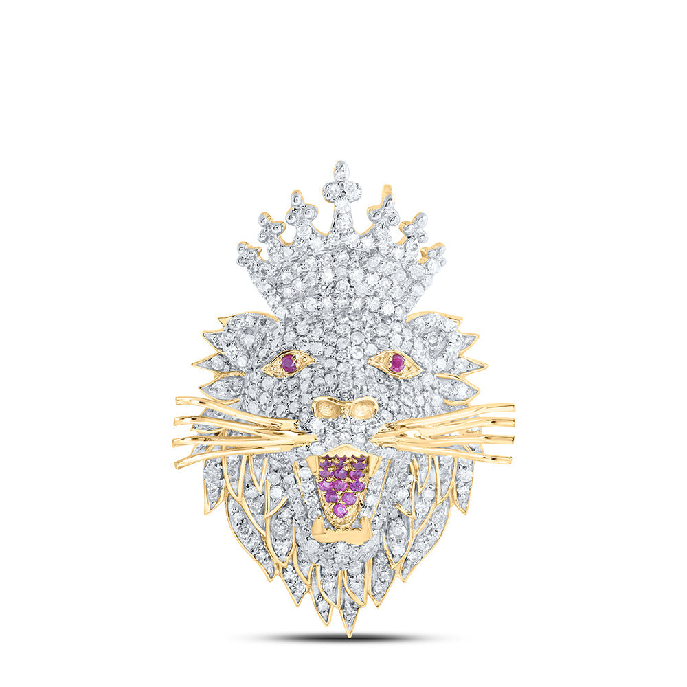 10kt Yellow Gold Mens Round Diamond Lion Face Crown Charm Pendant 1 Cttw