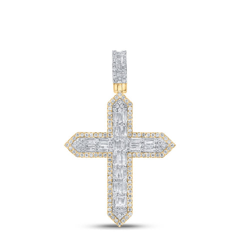 10kt Yellow Gold Mens Baguette Diamond Cross Charm Pendant 1-3/4 Cttw