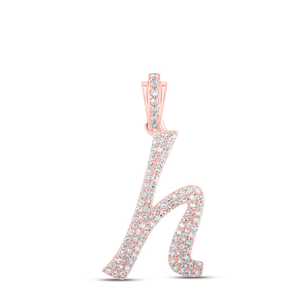 10kt Rose Gold Womens Round Diamond H Cursive Initial Letter Pendant 3/8 Cttw