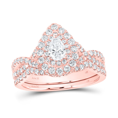 14kt Rose Gold Pear Diamond Halo Bridal Wedding Ring Band Set 1 Cttw