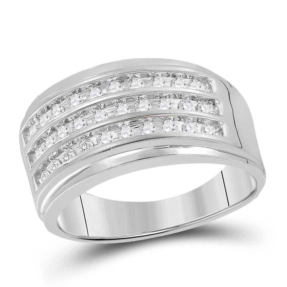 10kt White Gold Mens Round Diamond 3-Row Band Ring 1/2 Cttw