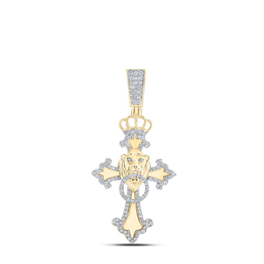 10kt Yellow Gold Mens Round Diamond Lion Cross Charm Pendant 5/8 Cttw