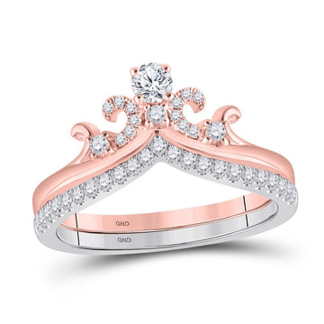 14kt Two-tone Gold Round Diamond Crown Tiara Bridal Wedding Ring Band Set 1/2 Cttw