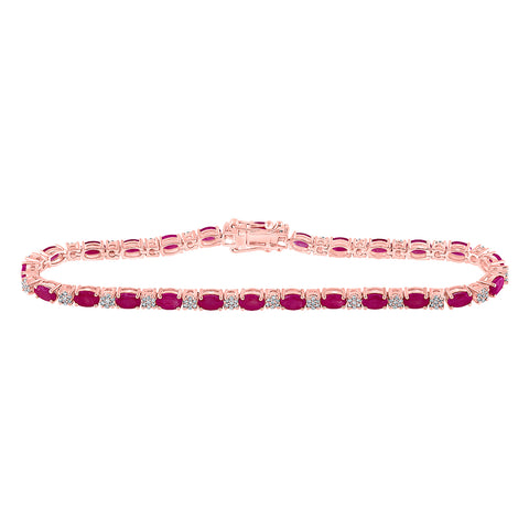 14kt Rose Gold Womens Oval Ruby Diamond Tennis Bracelet 7 Cttw