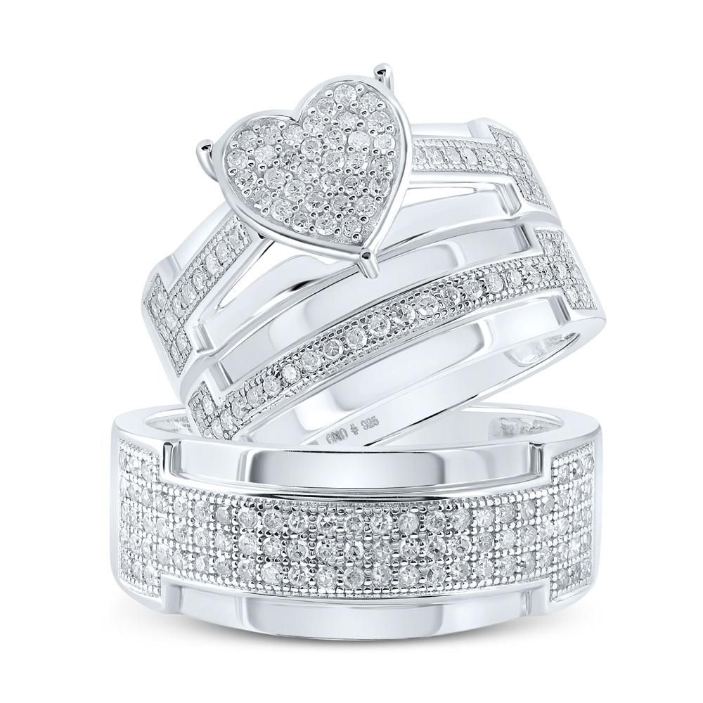 Sterling Silver His Hers Round Diamond Heart Matching Wedding Set 7/8 Cttw