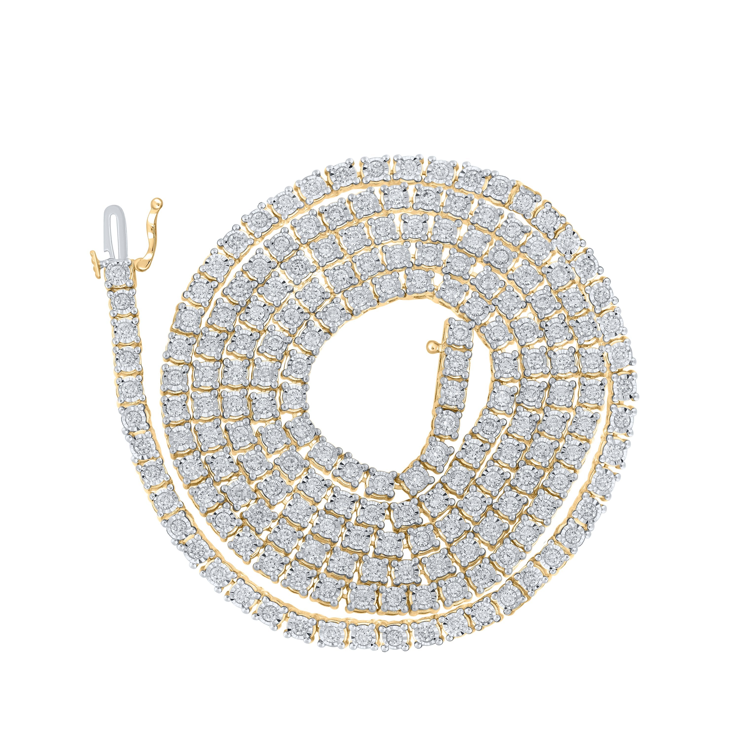 10kt Yellow Gold Mens Round Diamond 24-inch Tennis Chain Necklace 3-3/4 Cttw