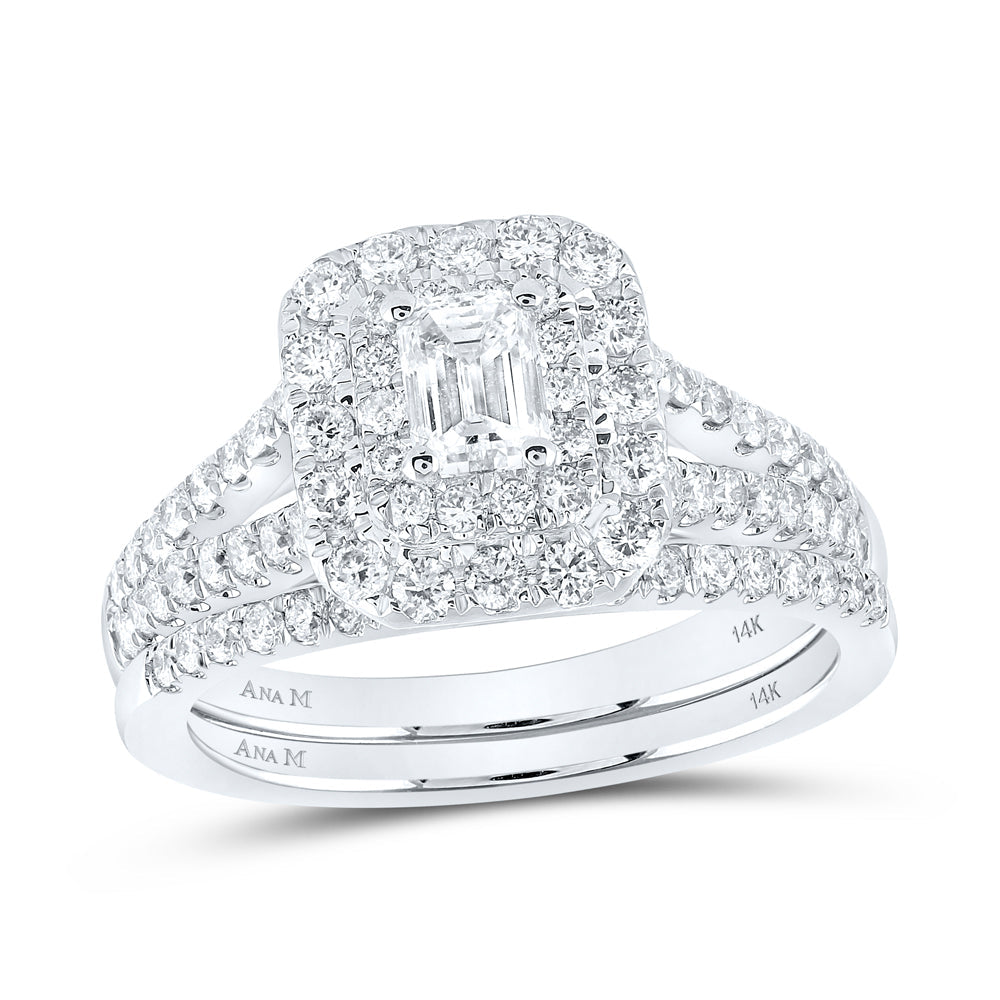 14kt White Gold Emerald Diamond Halo Bridal Wedding Ring Band Set 1-1/2 Cttw