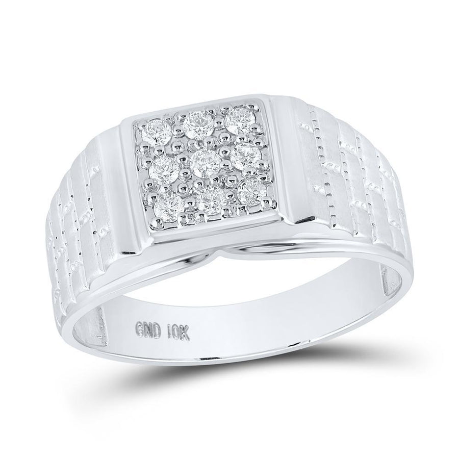 10kt White Gold Mens Round Diamond Square Cluster Brick Ring 1/4 Cttw