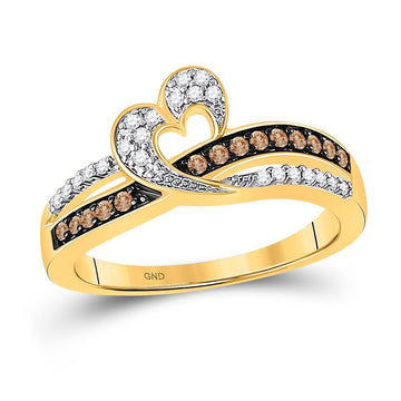 10kt Yellow Gold Womens Round Brown Diamond Heart Ring 1/4 Cttw