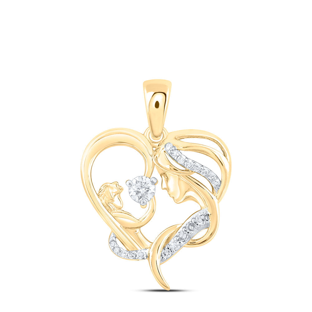 10kt Yellow Gold Womens Round Diamond Mother Child Heart Pendant 1/6 Cttw