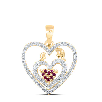 10kt Yellow Gold Womens Round Ruby Mom Child Heart Pendant 1/5 Cttw