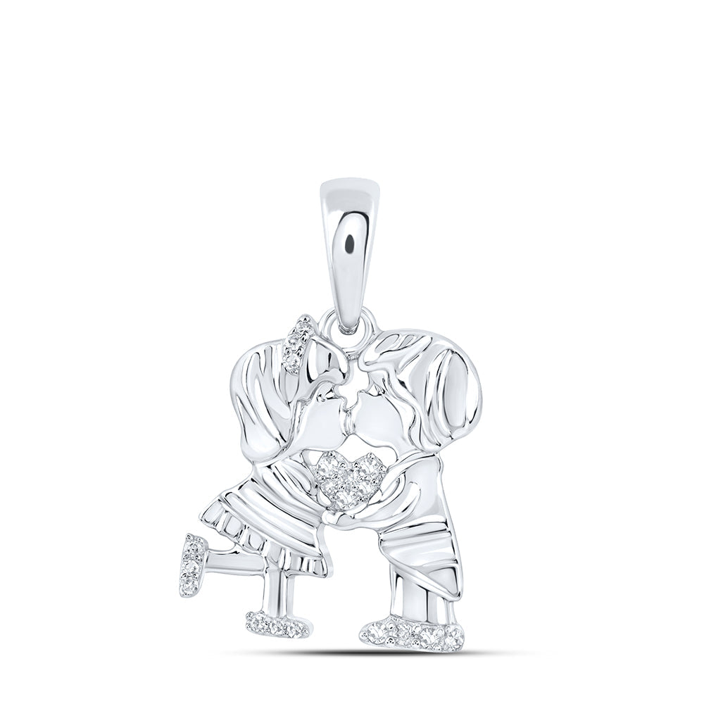 10kt White Gold Womens Round Diamond Kiss Couple Heart Pendant 1/20 Cttw