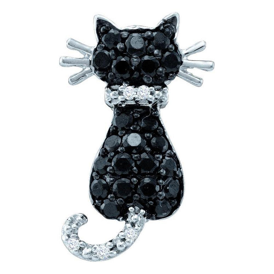 14kt White Gold Womens Round Black Color Enhanced Diamond Cat Pendant 1/3 Cttw