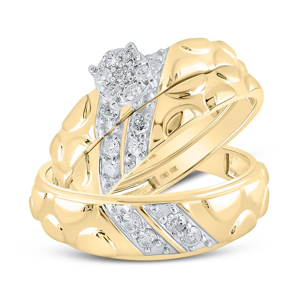 10kt Yellow Gold His Hers Round Diamond Cluster Matching Wedding Set 1/2 Cttw