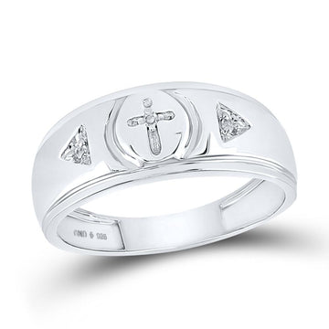 Sterling Silver Mens Round Diamond Cross Wedding Band Ring 1/20 Cttw