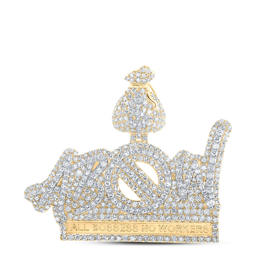 10kt Yellow Gold Mens Round Diamond ALL BOSSES NO WORKERS Charm Pendant 3 Cttw