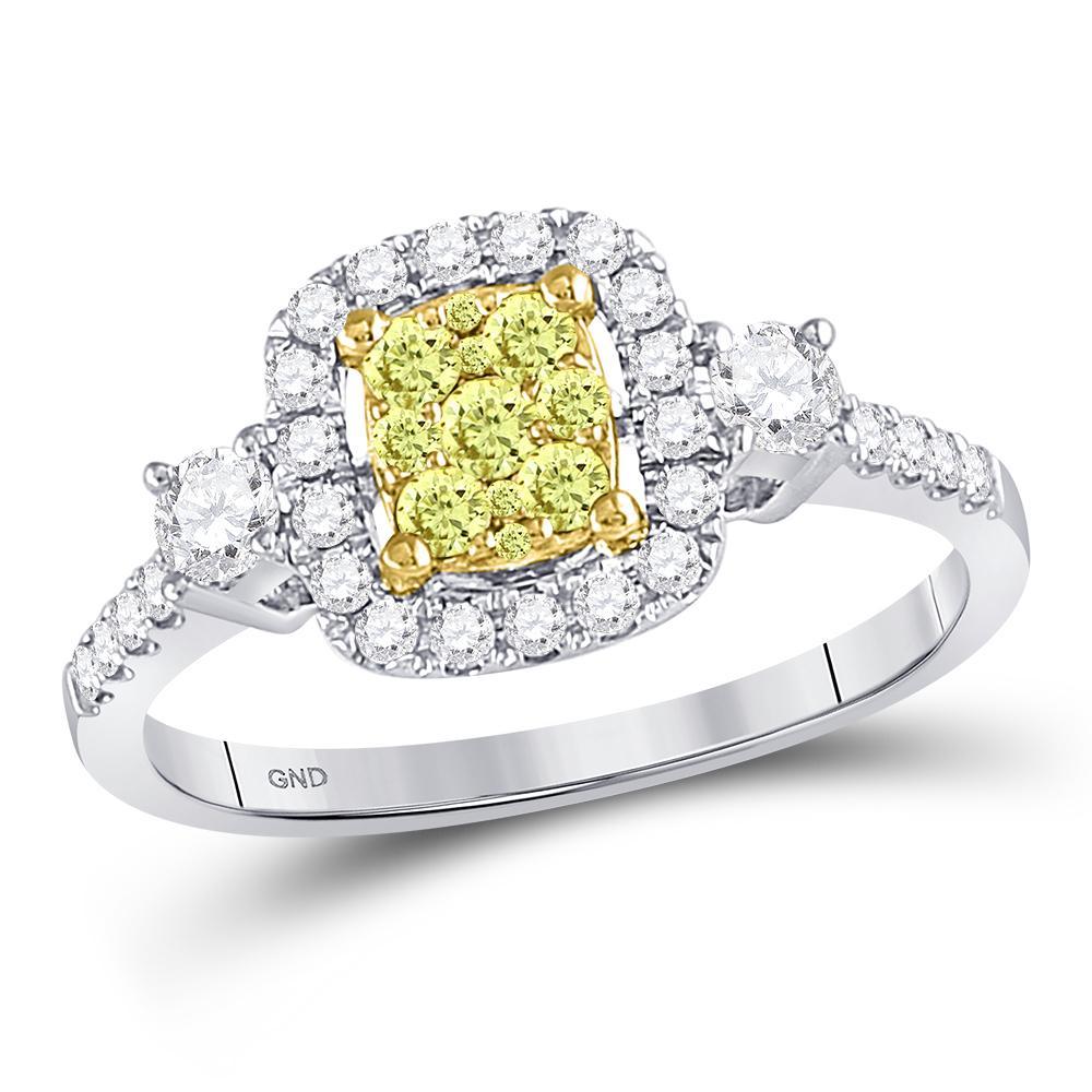 14kt White Gold Womens Round Yellow Diamond Square Frame Cluster Ring 5/8 Cttw