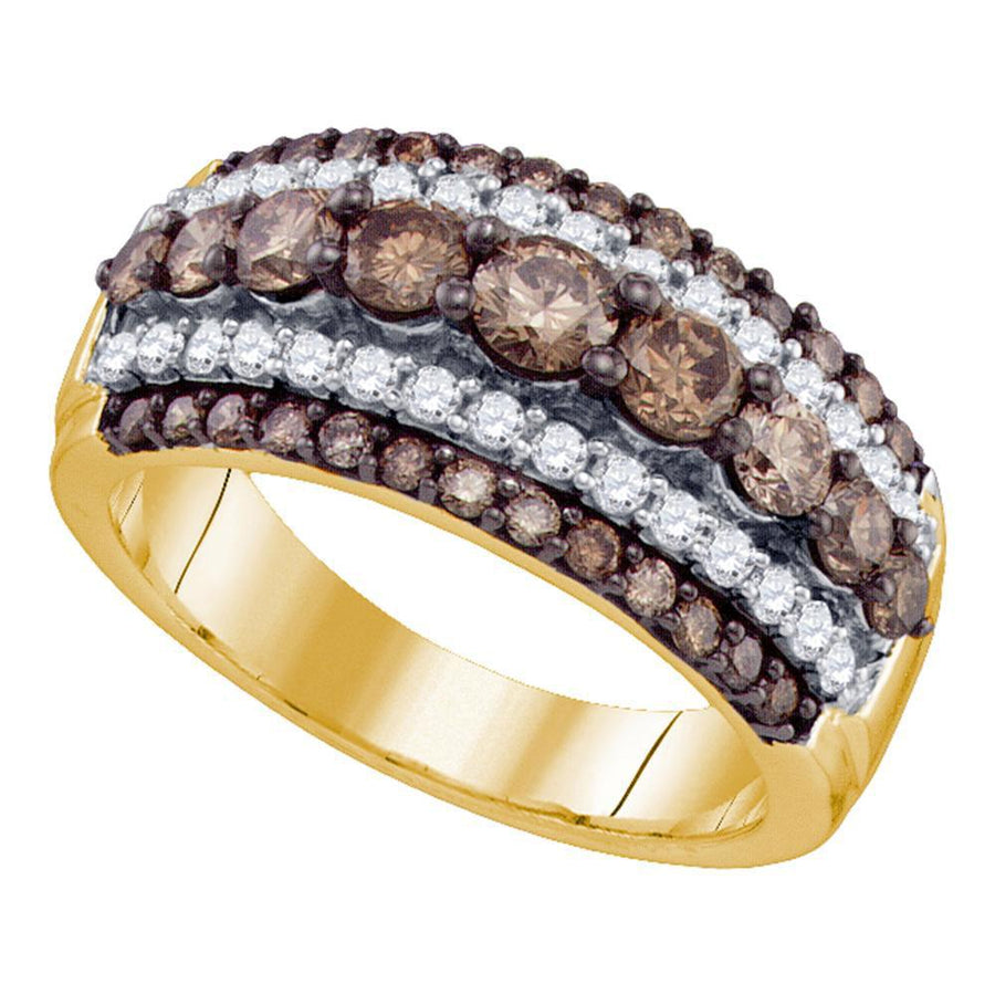 10kt Yellow Gold Womens Round Brown Diamond Striped Cocktail Ring 1-1/2 Cttw