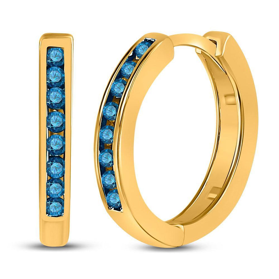 10kt Yellow Gold Womens Round Blue Color Enhanced Diamond Hoop Earrings 1/4 Cttw